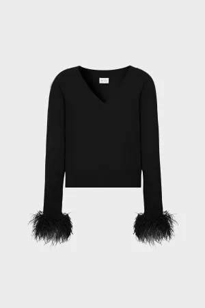 Feather Cuff V-Neck Sweater ConvertibleStyle LayeredNeckline