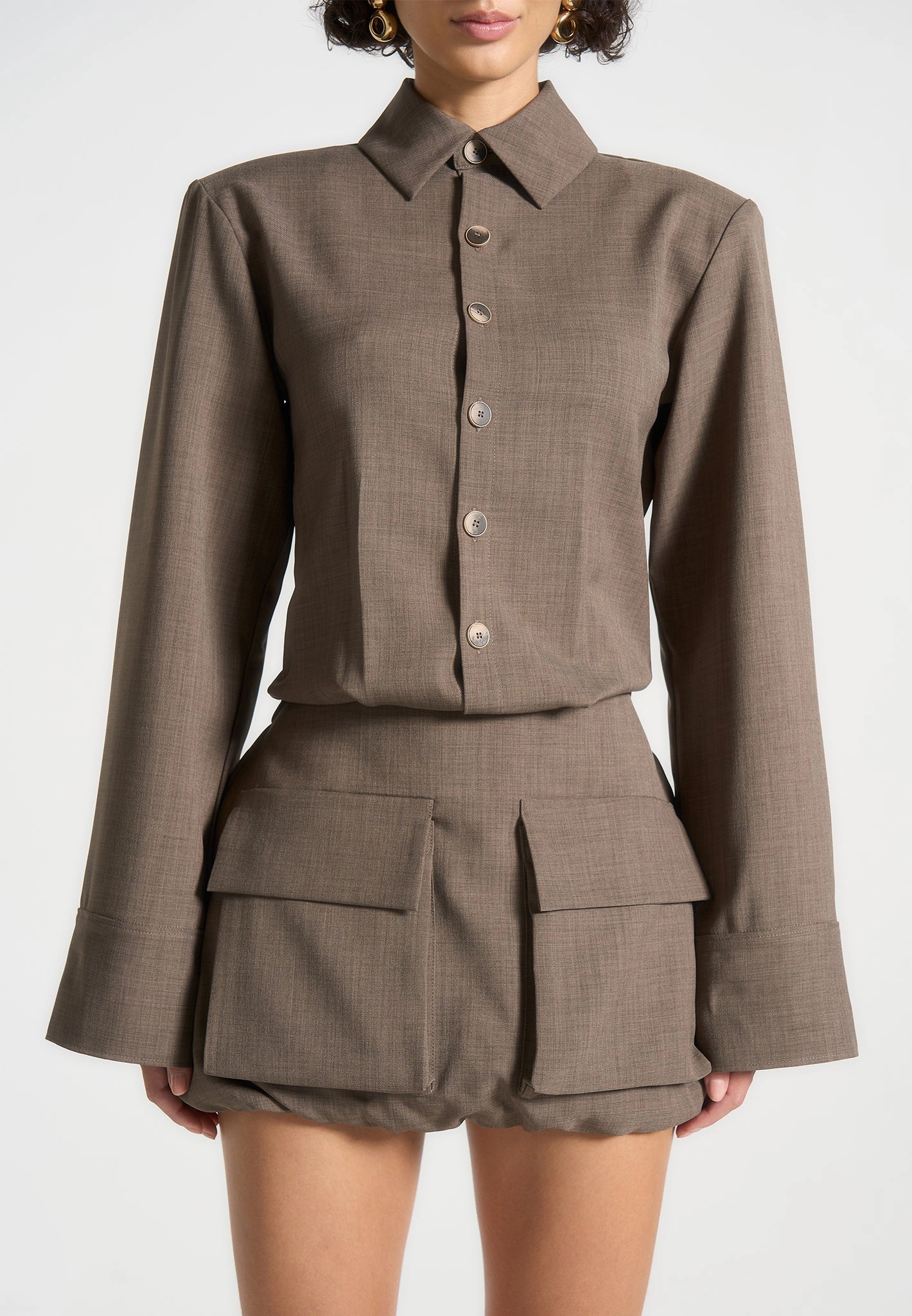 Laure - Cargo Shirt Mini Dress - Dark Taupe Flowy summer gown