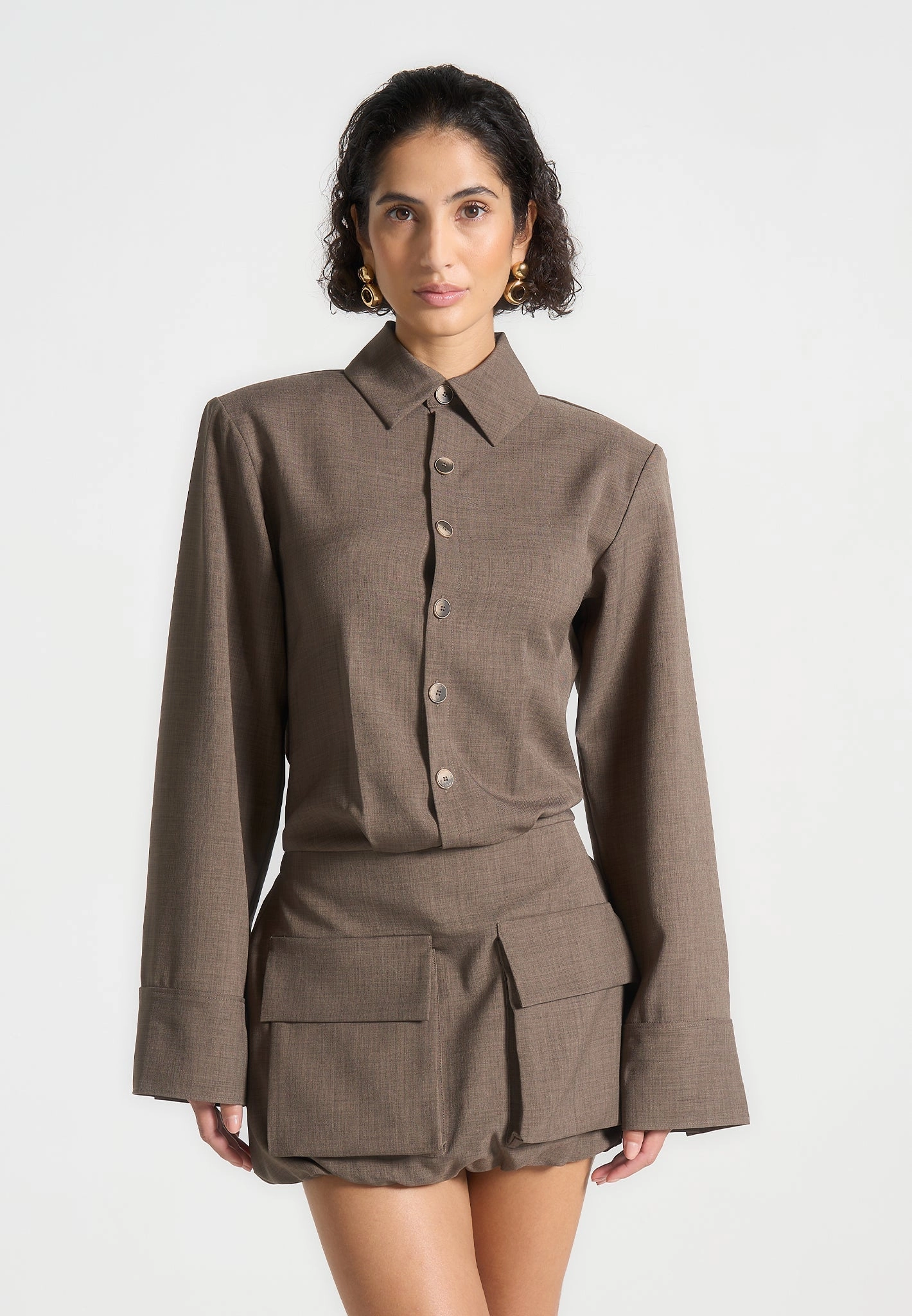 Laure - Cargo Shirt Mini Dress - Dark Taupe Rhinestone-Detail Formal Wear