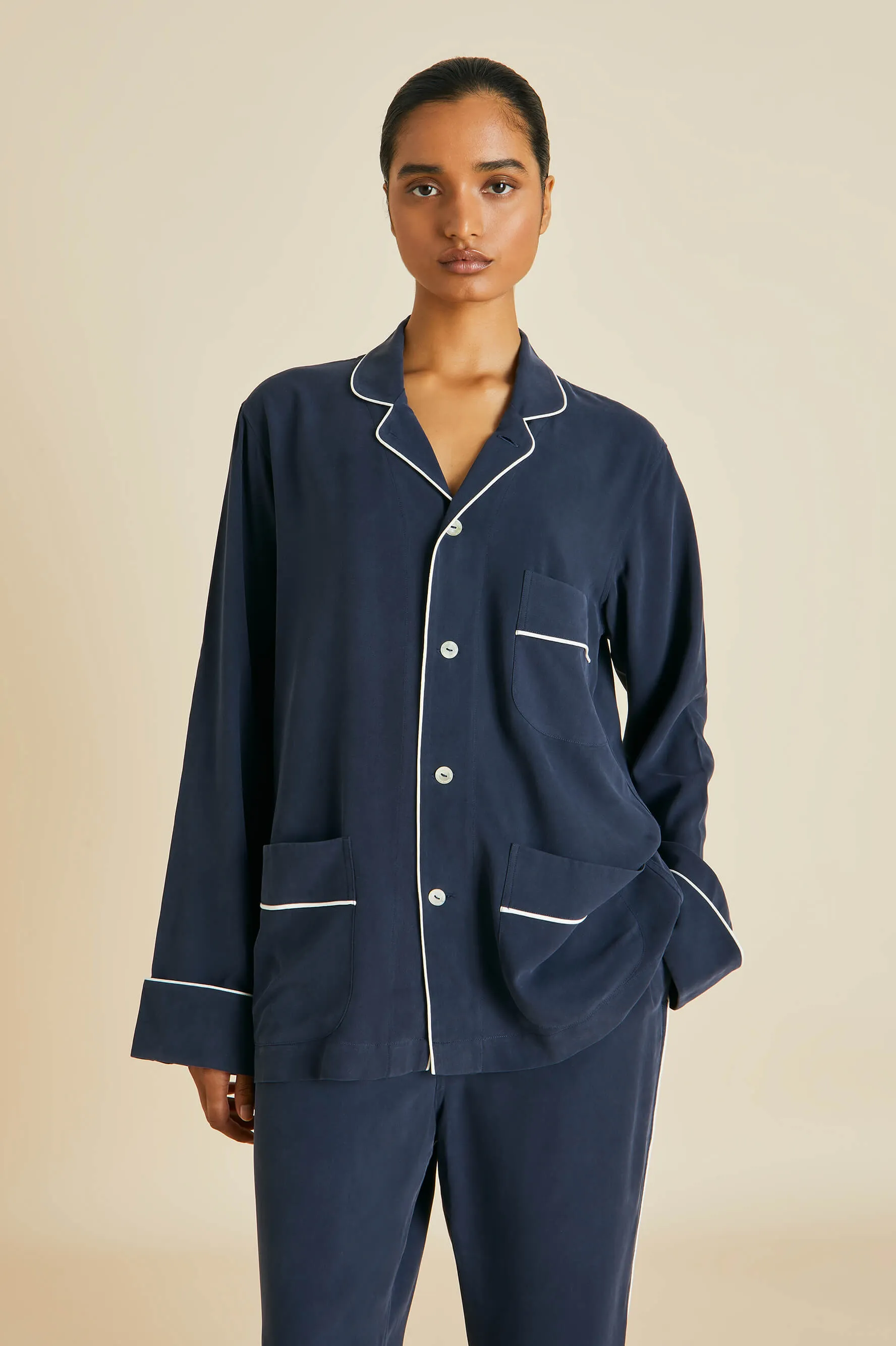 Laurent Navy Pajamas in Sandwashed Silk