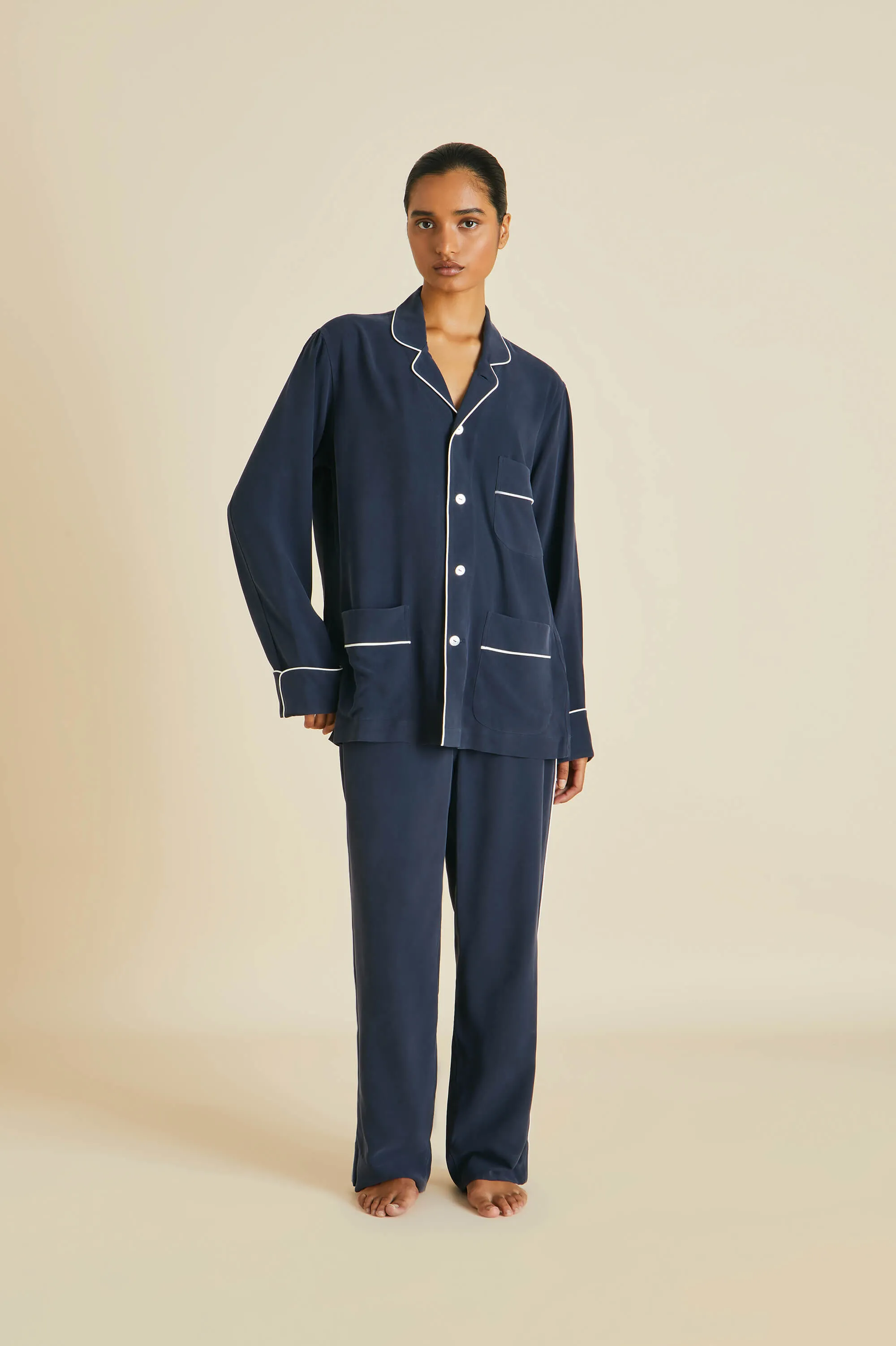 Laurent Navy Pajamas in Sandwashed Silk