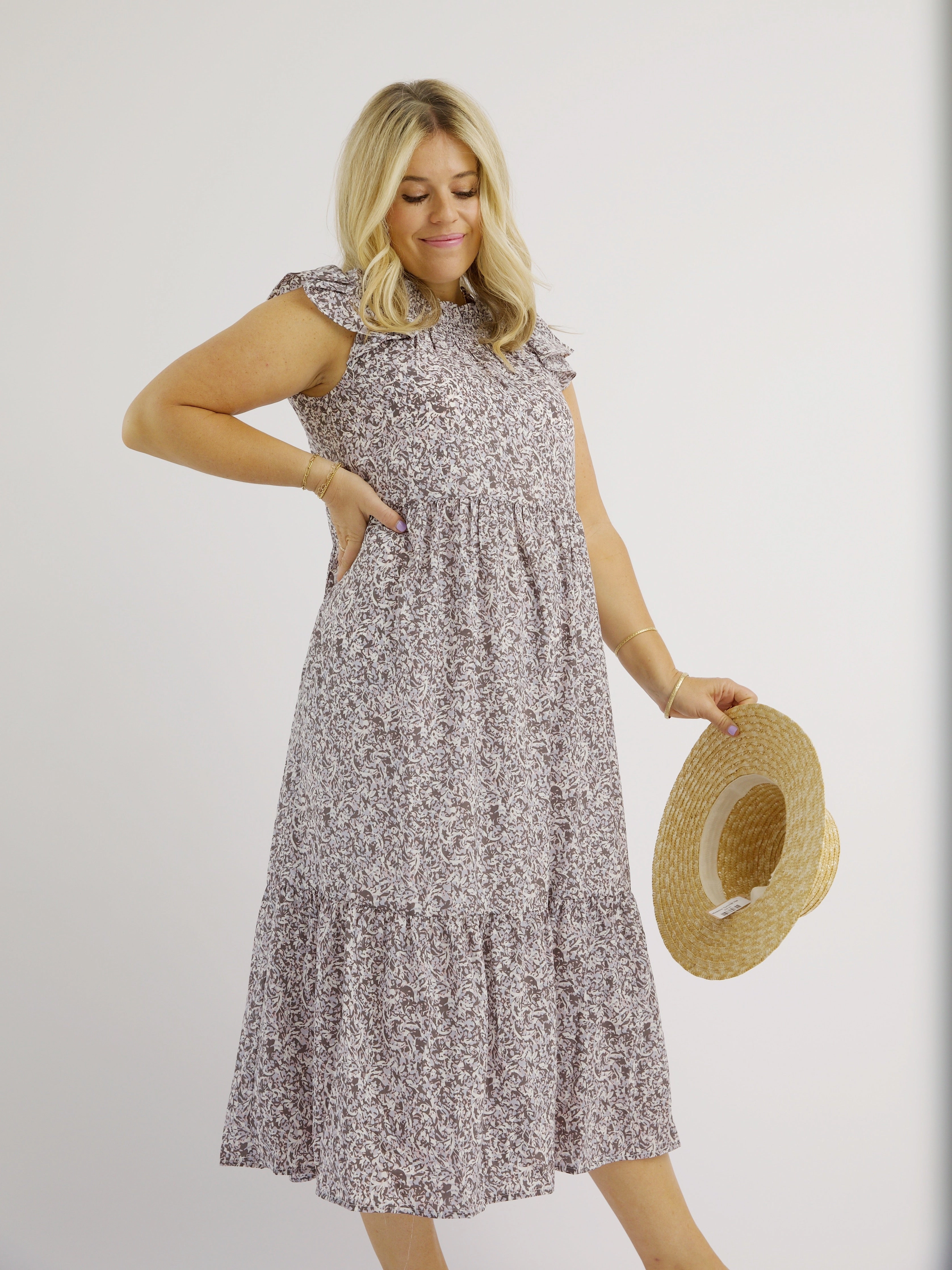 Gathered-Detail Lavender Ruffle Dress