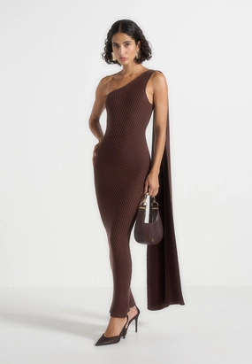 Laya - Asymmetric Knit Midaxi Dress With Scarf - Brown Natural Form Semi Sheer