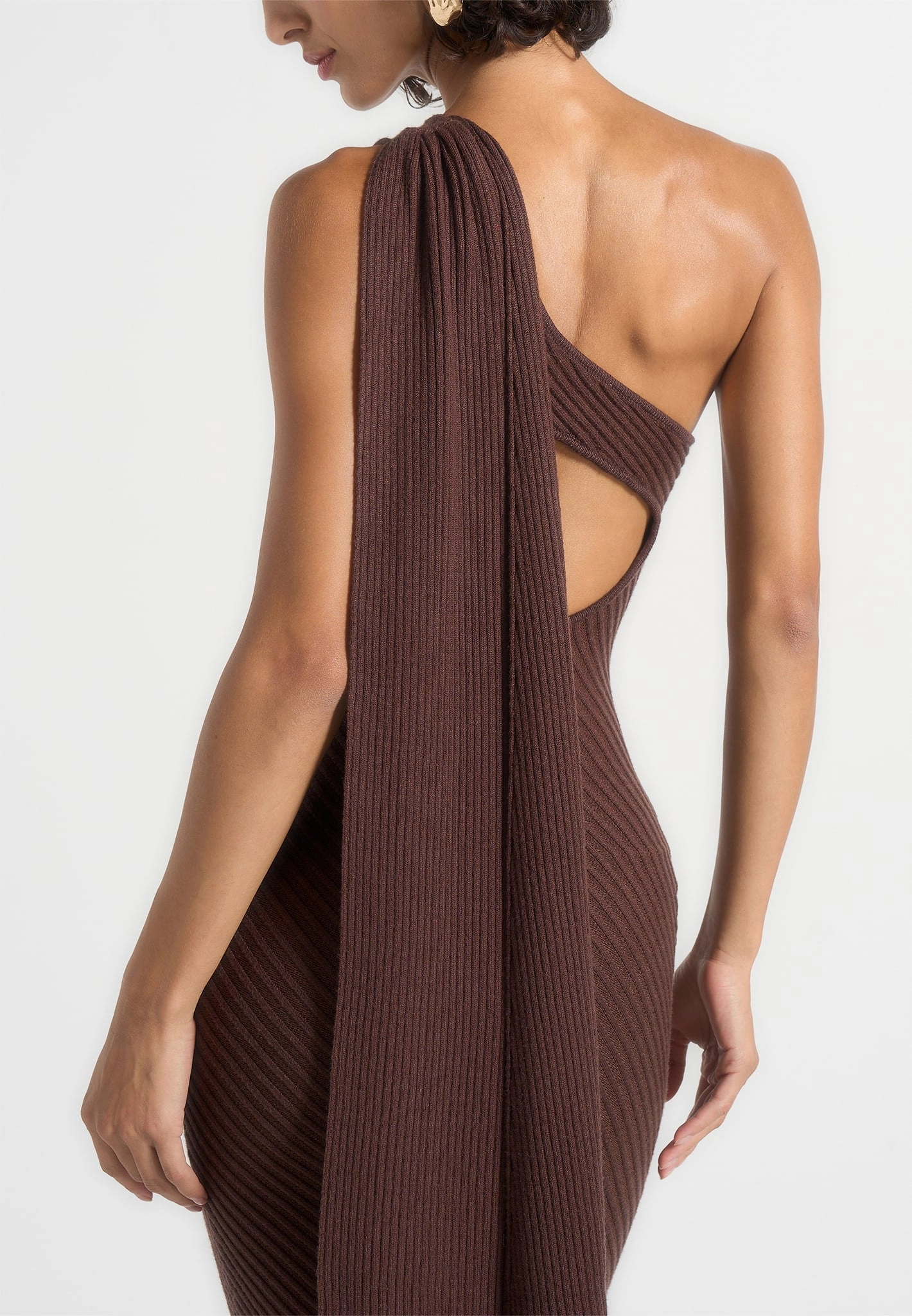 Laya - Asymmetric Knit Midaxi Dress With Scarf - Brown Air Beauty Elastic Fit