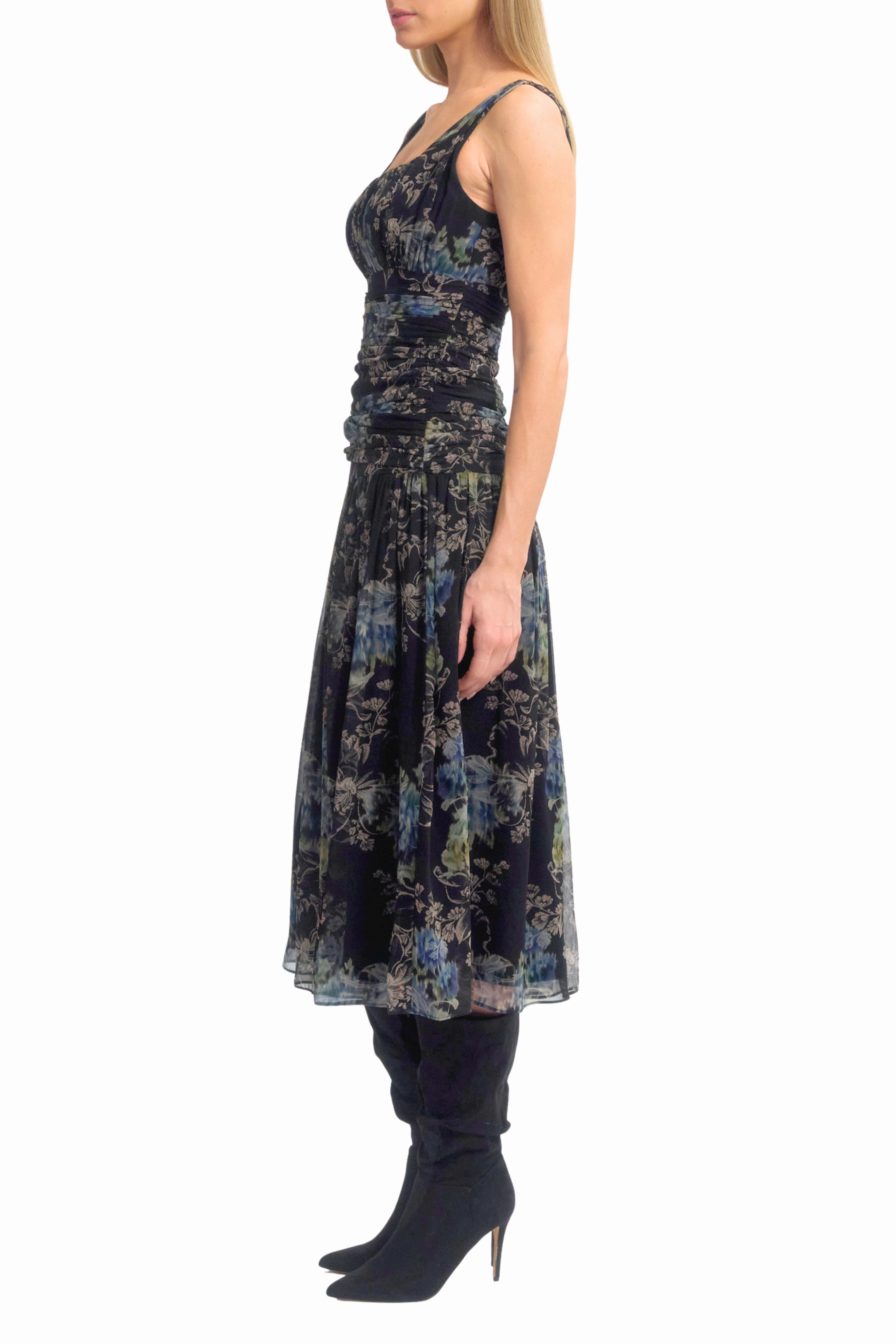 Button-Cuff Shirred Dress