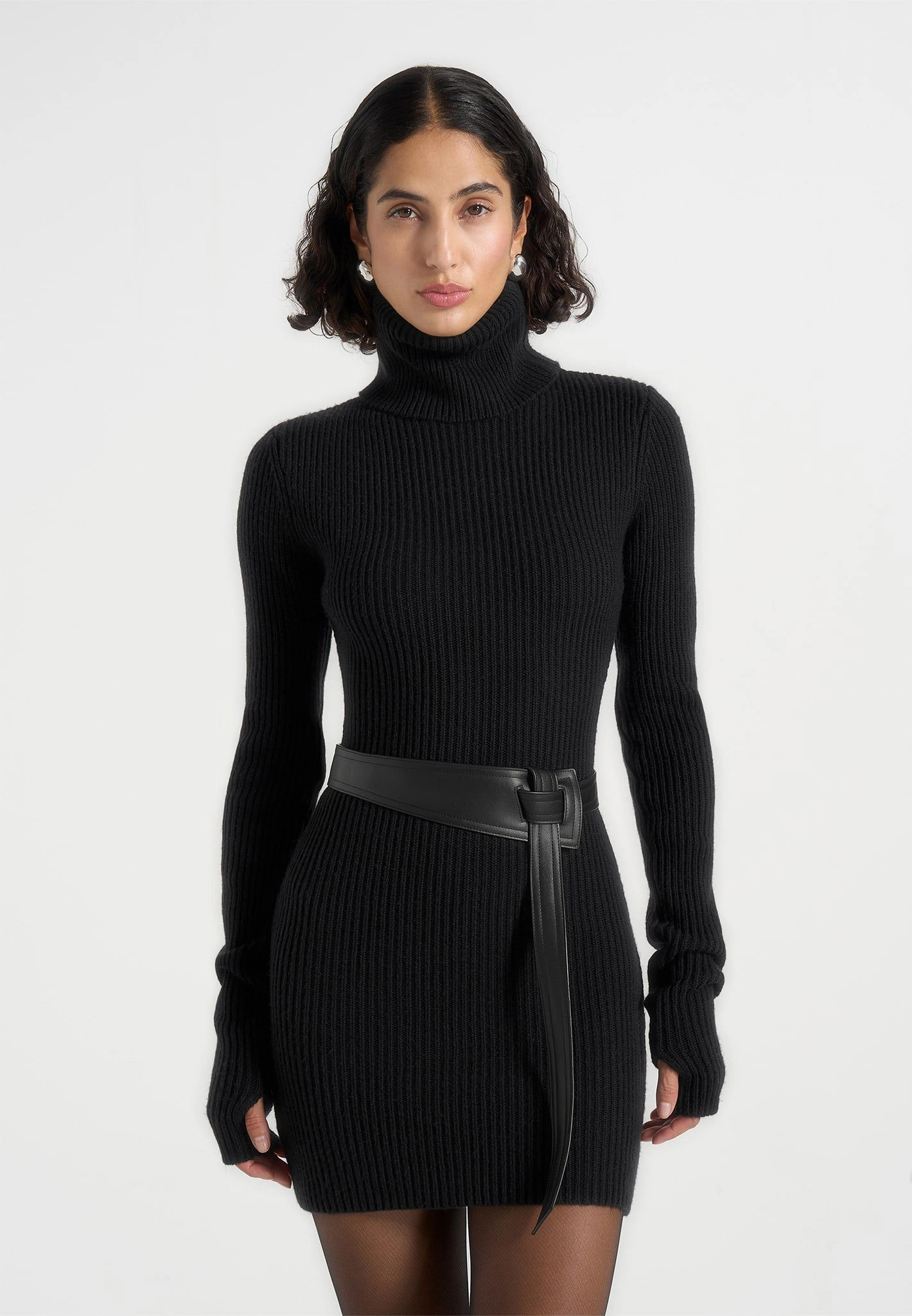 Kalia - Roll Neck Knitted Mini Dress With Belt - Black Luxurious Texture Simple formal dress