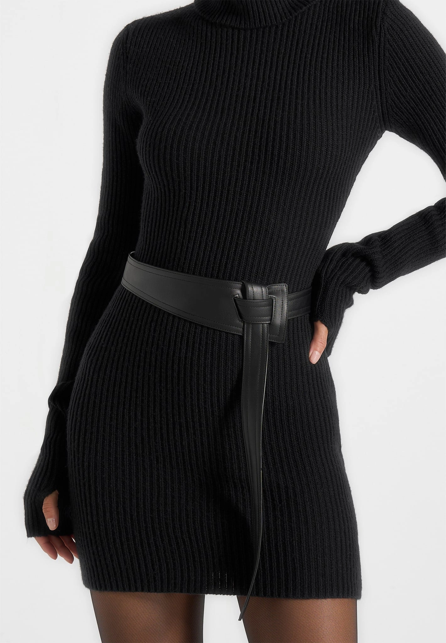 Kalia - Roll Neck Knitted Mini Dress With Belt - Black Layered Texture Versatile Layers