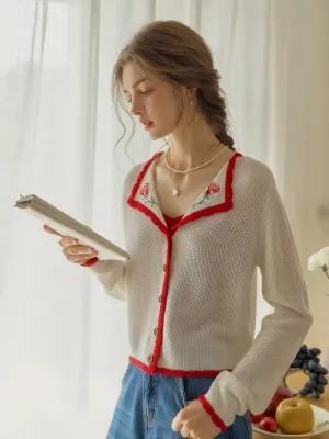 Rosemary V-Neck Embroidered Wool Cardigan Contrast Stitch Detail