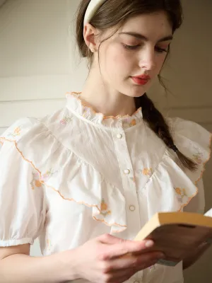 All Over Print Technique ??Final Sale??Emmalyn Mock Neck Ruffle Embroidered Cotton Blouse