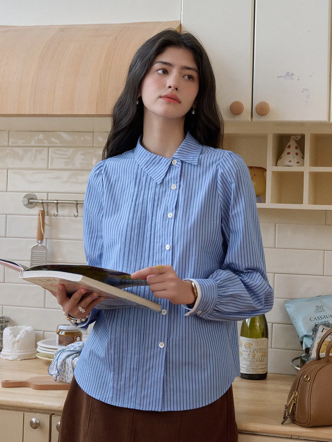 Sylvie Slanted Placket Stripe Shirt PaddedInsulation Quick Dry Material