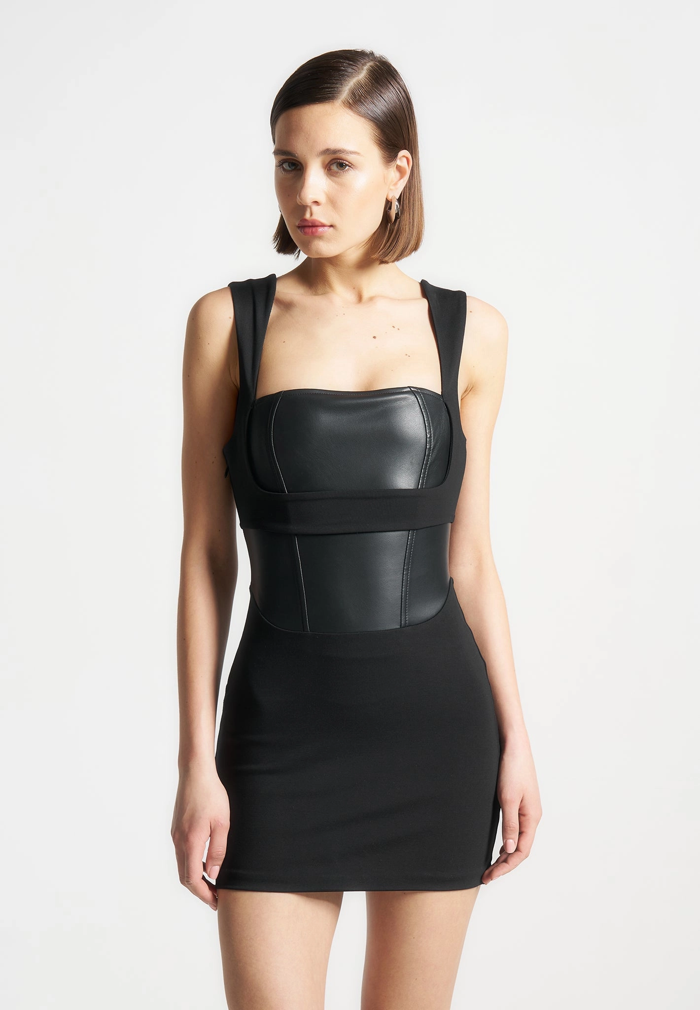 Layered Corset Mini Dress - Black Shiny Zip