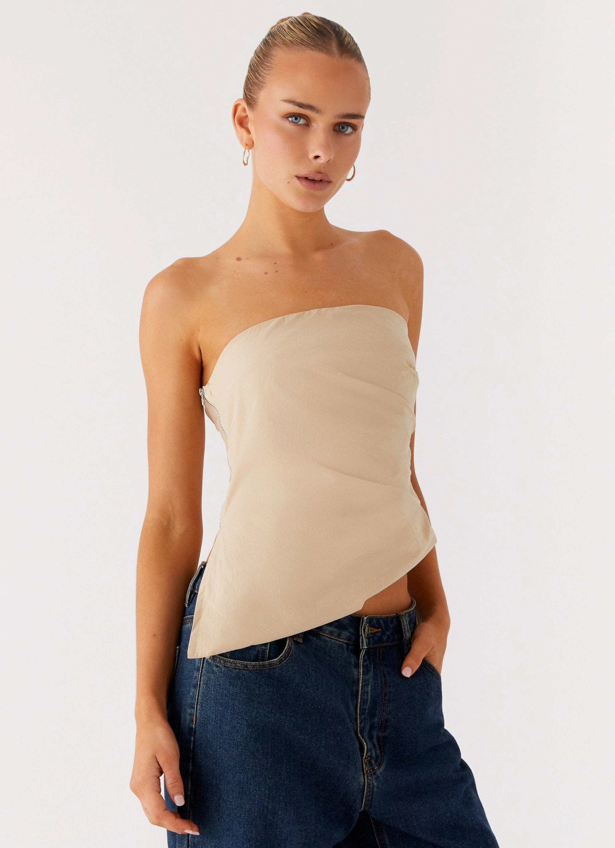 Durable Reinforced Elbows BondedShoulder Briana Strapless Top - Tan