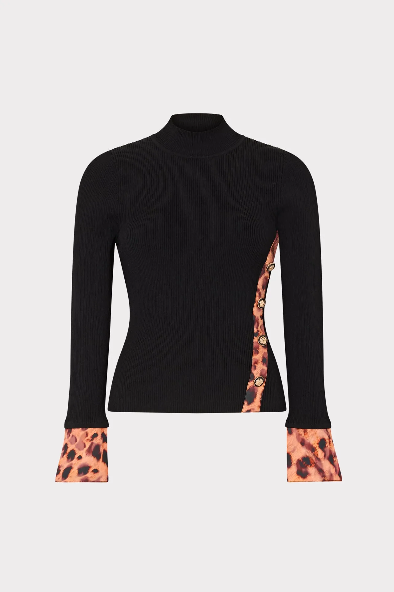 Casual Blouse Printed Satin Cuff Knit Mock Neck Top