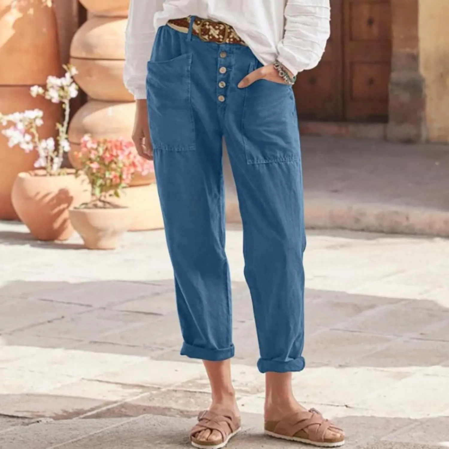 LCMTWX Casual Pants for Women Straight Wide Leg Pants with Breasted Cotton Loose Casual Pants with Denim Capris for Women
