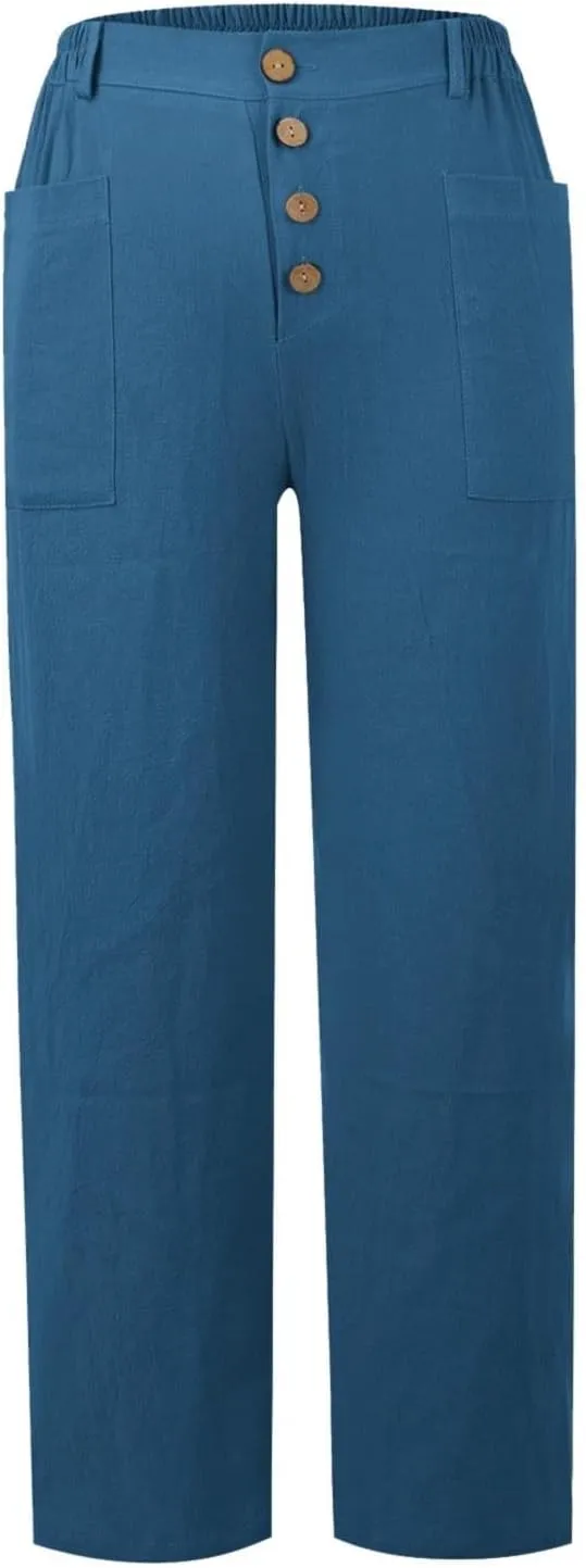 LCMTWX Casual Pants for Women Straight Wide Leg Pants with Breasted Cotton Loose Casual Pants with Denim Capris for Women