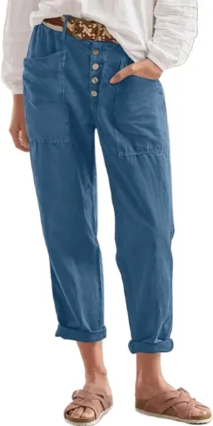 LCMTWX Casual Pants for Women Straight Wide Leg Pants with Breasted Cotton Loose Casual Pants with Denim Capris for Women
