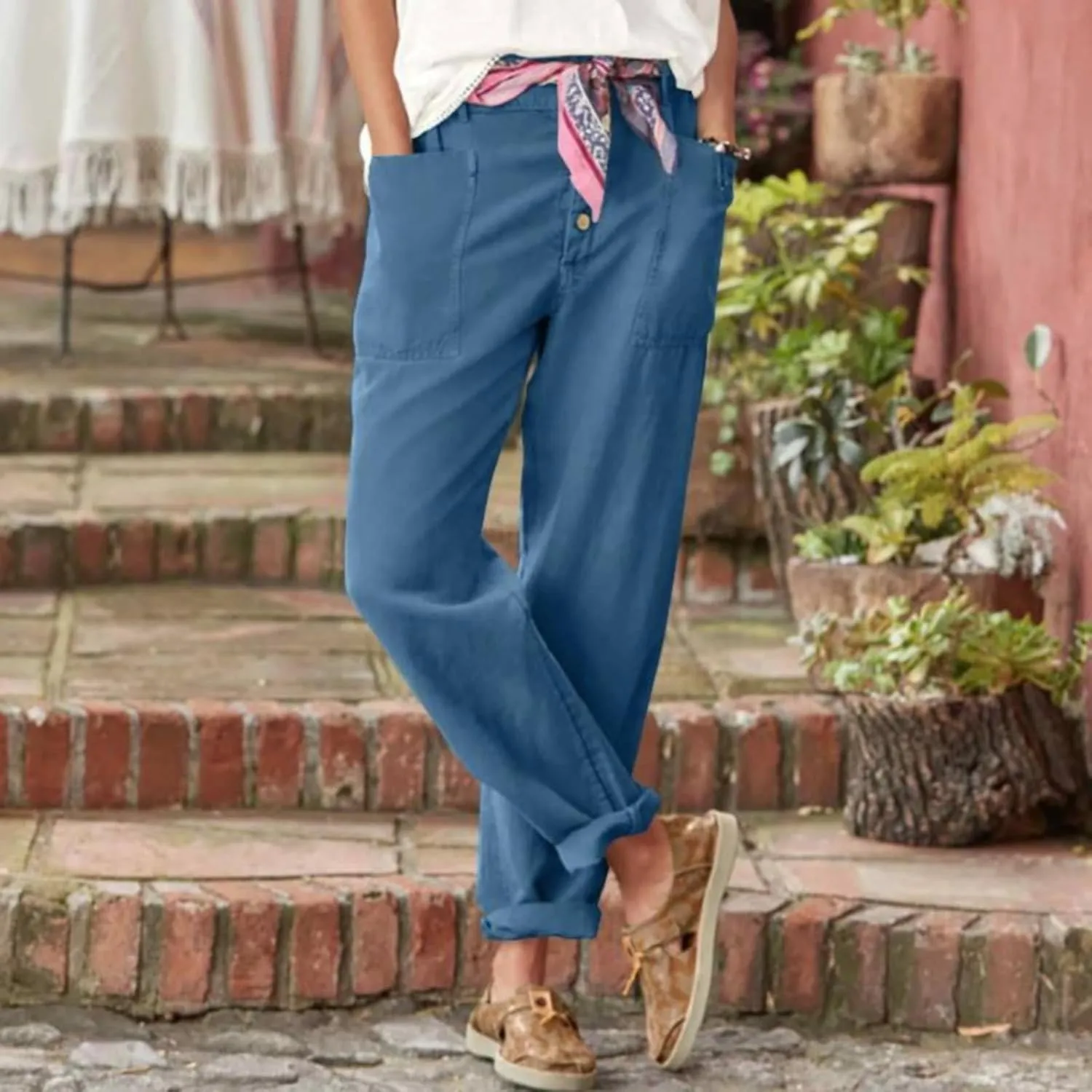 LCMTWX Casual Pants for Women Straight Wide Leg Pants with Breasted Cotton Loose Casual Pants with Denim Capris for Women