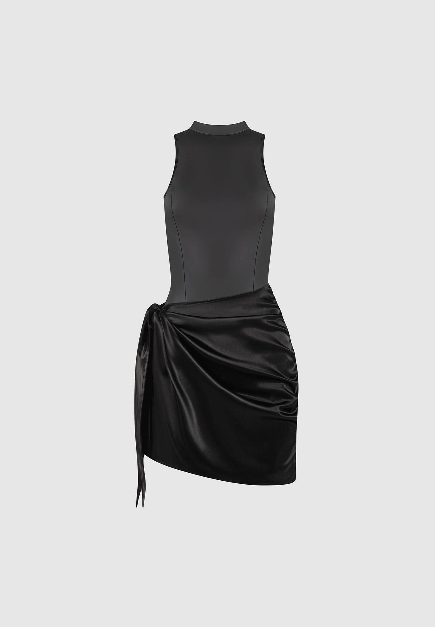 Leather & Satin Wrap Bodycon Dress - Black Chic Tailoring Design