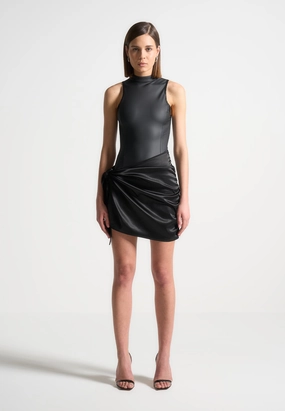 Leather & Satin Wrap Bodycon Dress - Black Urban Spirit Elegant Style