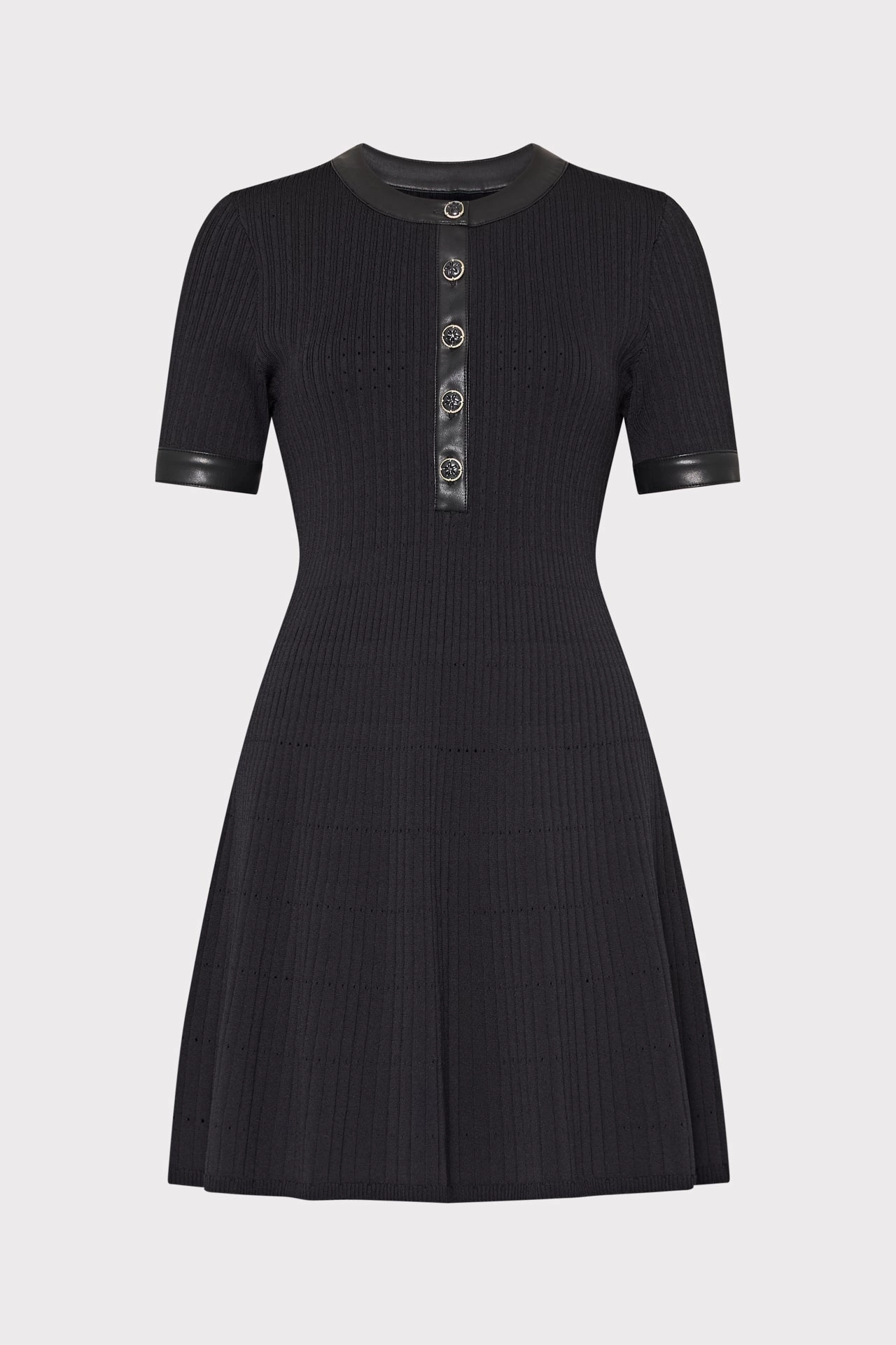 Leather Detail Flare Knit Mini Dress Sleek Motion Underwire-Support
