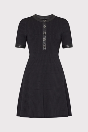 Leather Detail Flare Knit Mini Dress Chic Motion