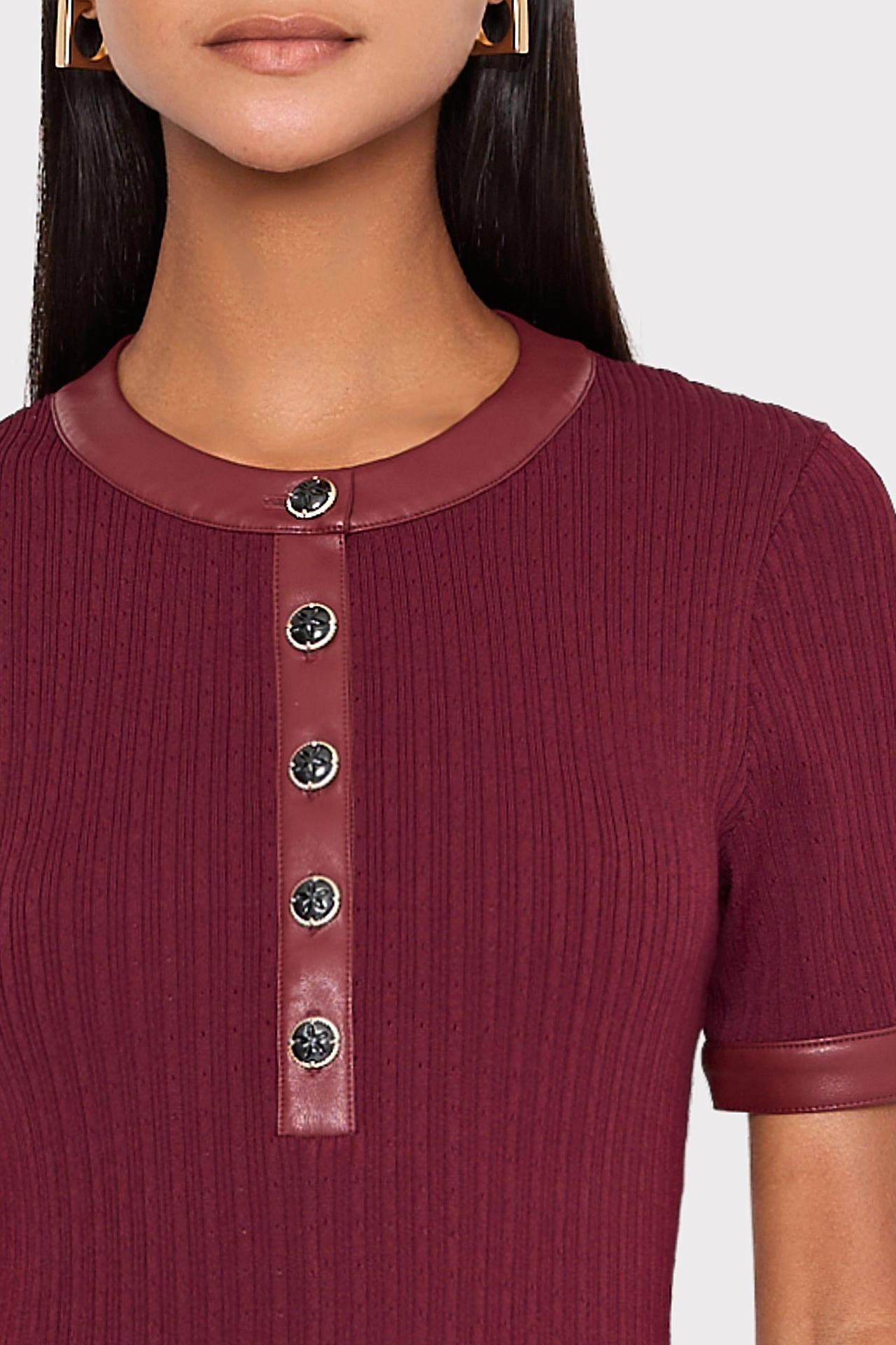 Leather Detail Knit Midi Dress Sleek Texture