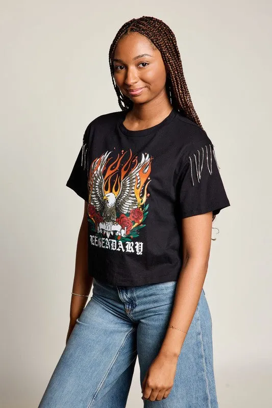 ZipperedPockets Non Chafing Side Seams Legendary Eagle Rhinestone Fringe Tee