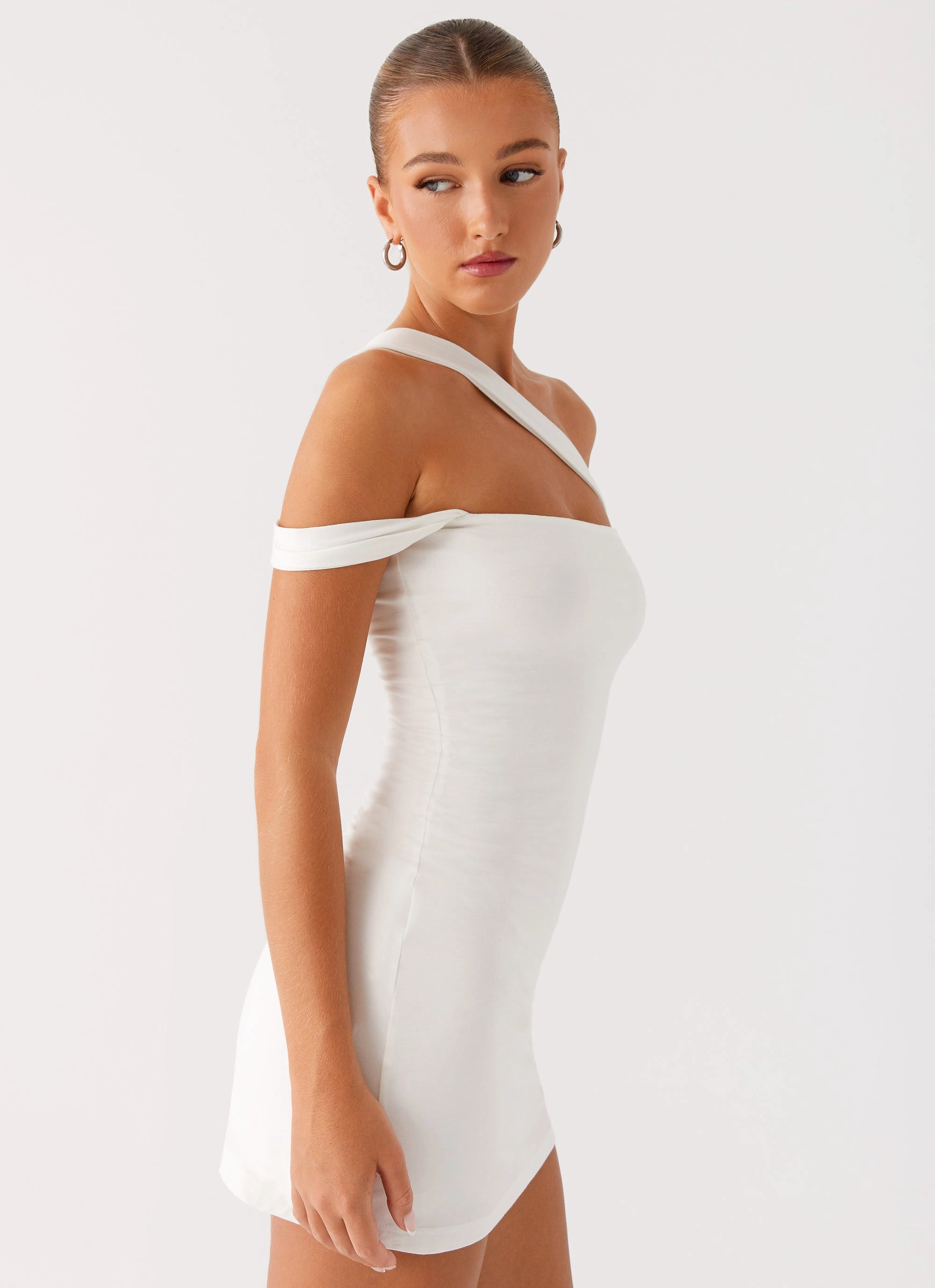 Lena Ruched Mini Dress - Ivory Adjustable drawstring
