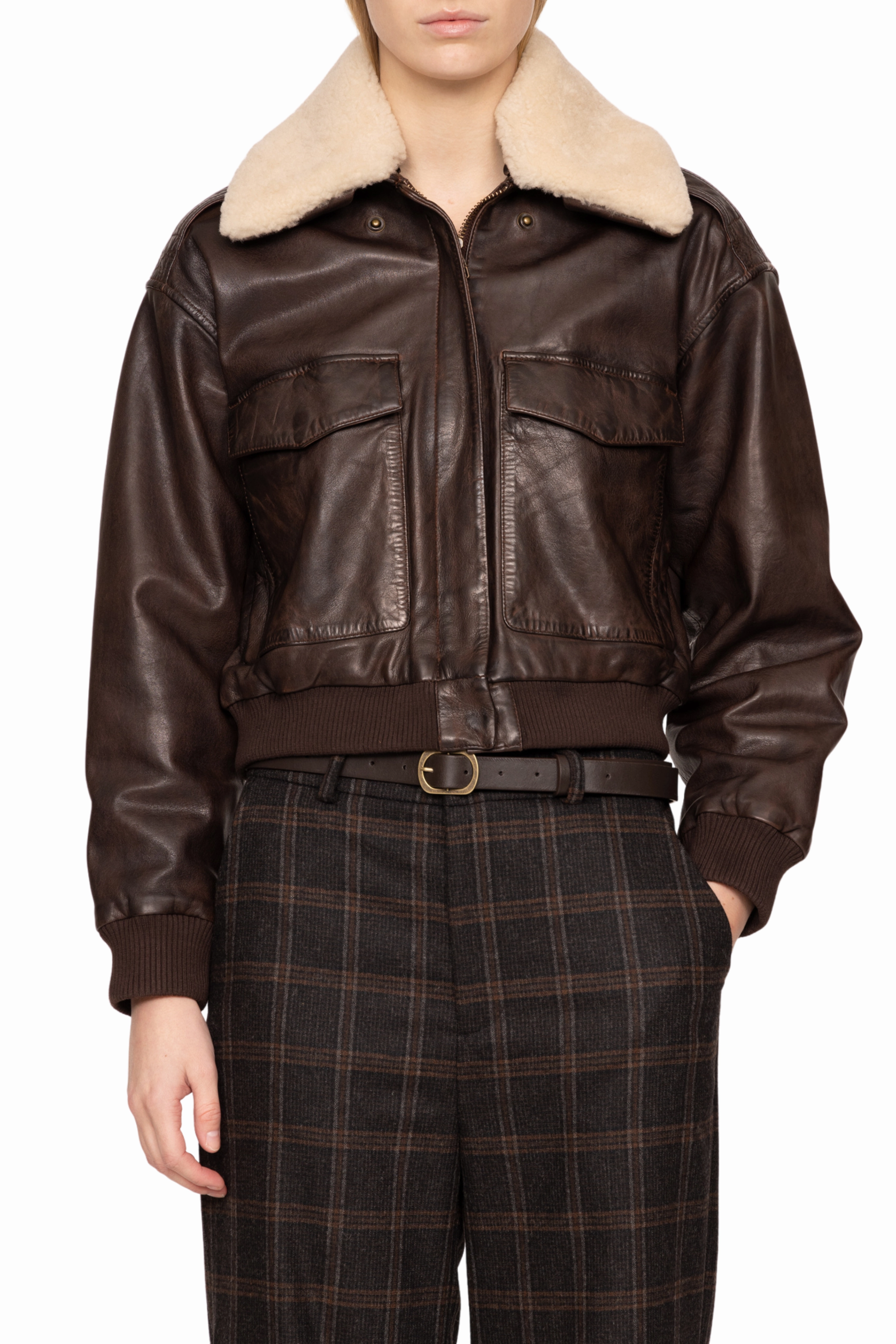 Velcro Fasten Lenoir Leather Cropped Bomber Jacket