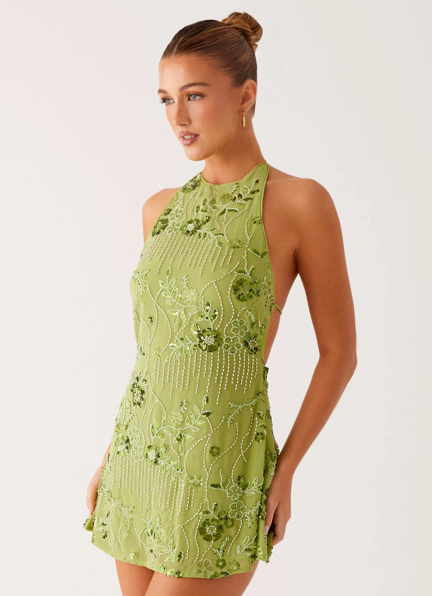 Leo Beaded Mini Dress - Green Light Motion Embossed Detail