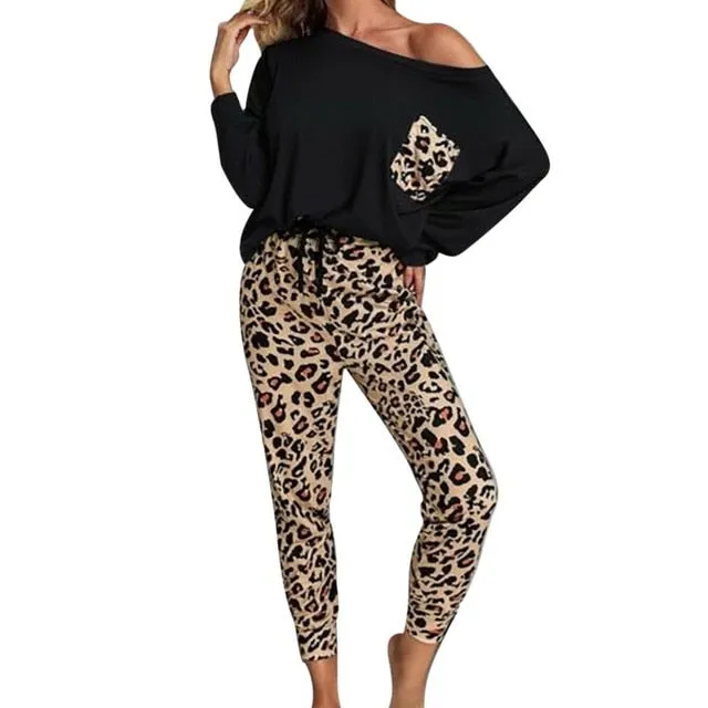 Leopard Homewear Suits Women Autumn Casual T Shirts Drawstring Sweatpants Lounge Wear Fashion Pajama Sets Elastic Sleepwear