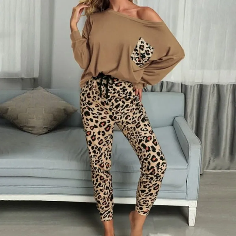 Leopard Homewear Suits Women Autumn Casual T Shirts Drawstring Sweatpants Lounge Wear Fashion Pajama Sets Elastic Sleepwear