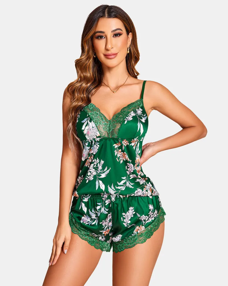 Leopard Print Lace Satin Pajamas Set