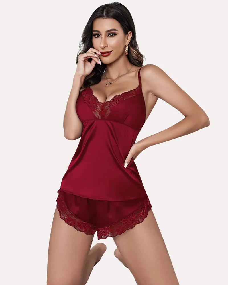 Leopard Print Lace Satin Pajamas Set