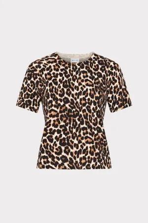 Active Blouse StainRepellentCoating Leopard Print Short Sleeve Knit Top