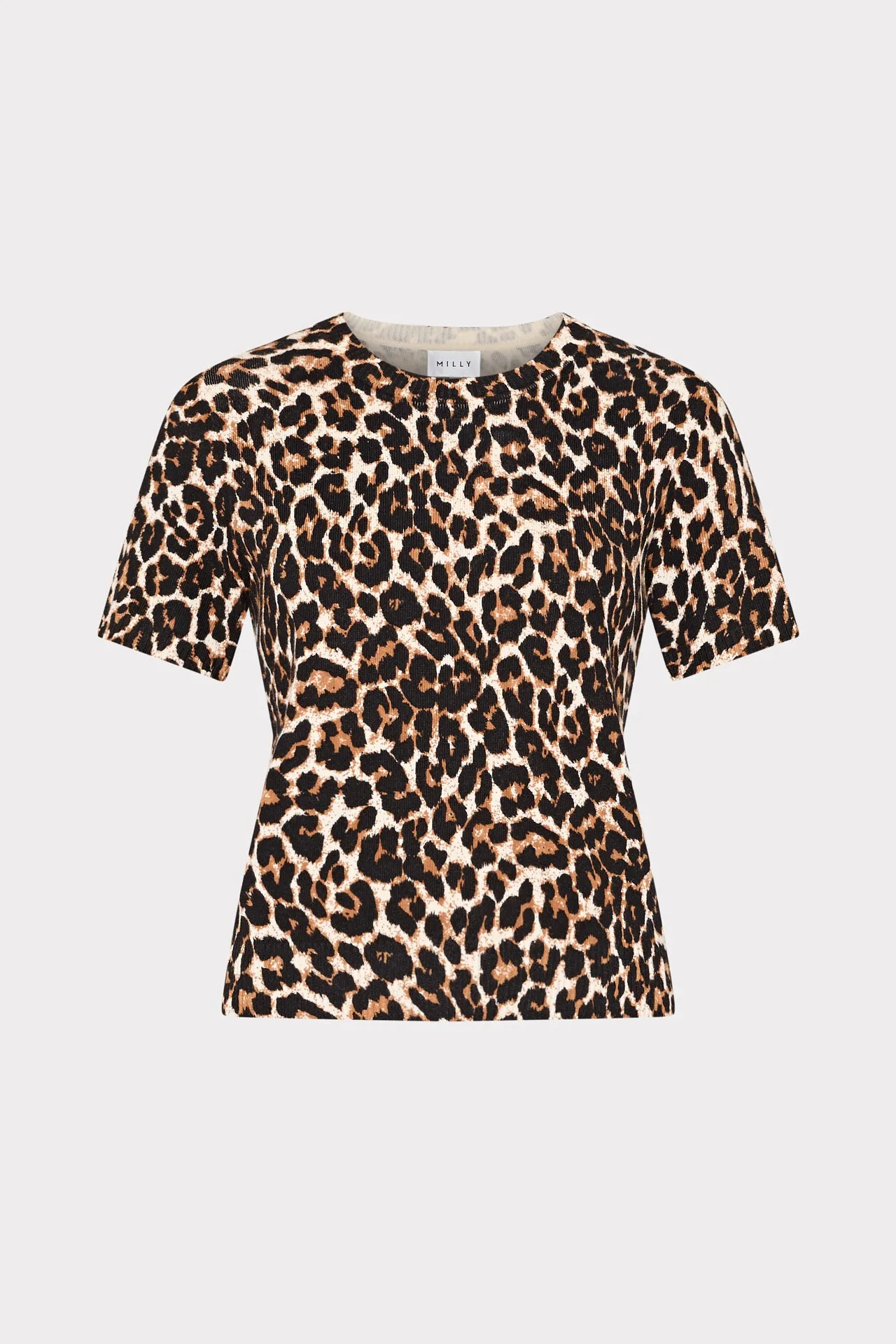 Leopard Print Short Sleeve Knit Top FrictionReducing YarnDyedFabric