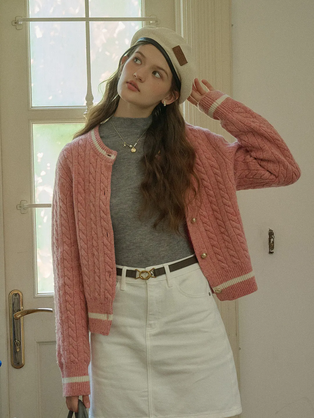 High Thread Count Cotton Leslie SR Logo Embroidery Crew Neck Contrast Striped 100% Wool Cardigan