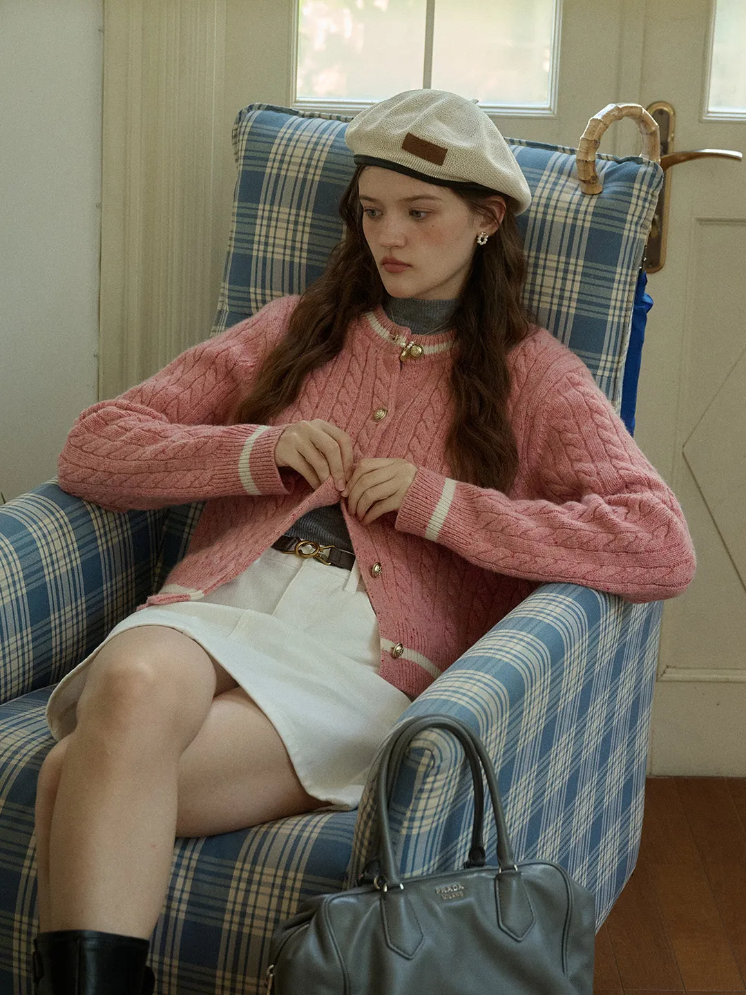 DoubleStitched Hemming Long Sleeve Shirt Leslie SR Logo Embroidery Crew Neck Contrast Striped 100% Wool Cardigan