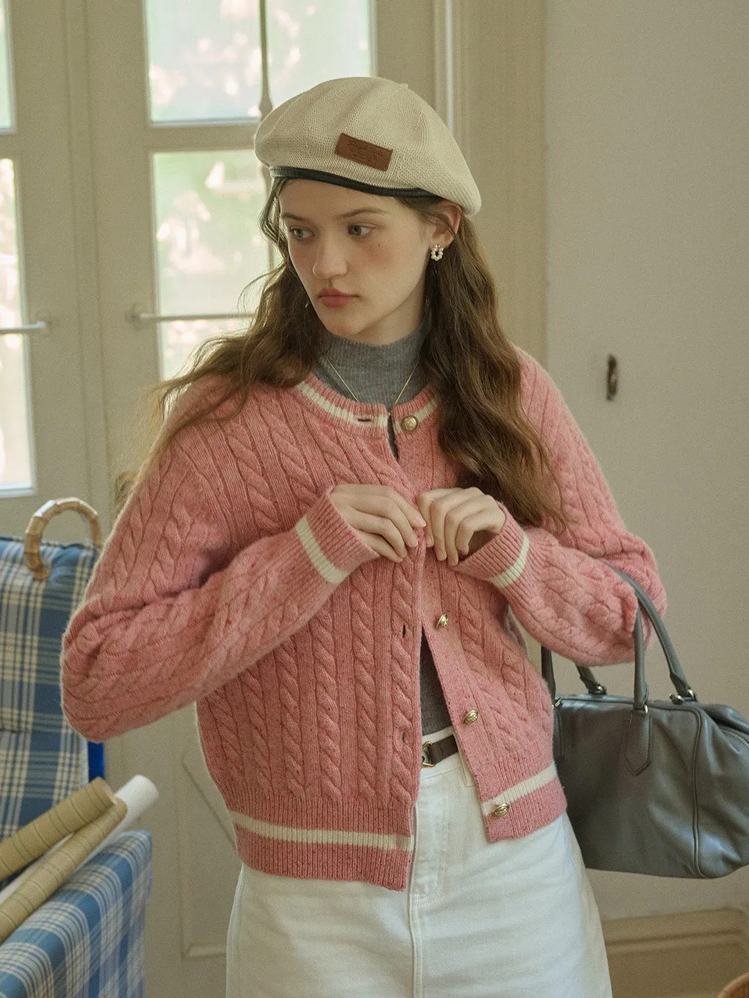 Hidden Button Placket Leslie SR Logo Embroidery Crew Neck Contrast Striped 100% Wool Cardigan