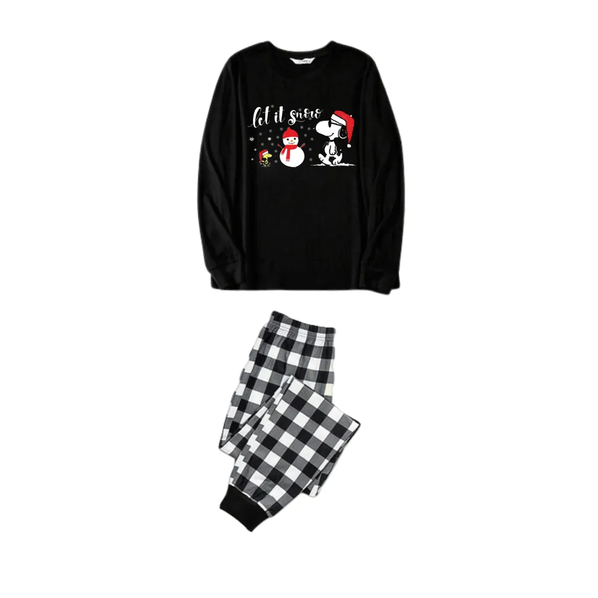 Let it Snow Slogan and Snoopy Printed Black&White Plaid Family Pajama Sets