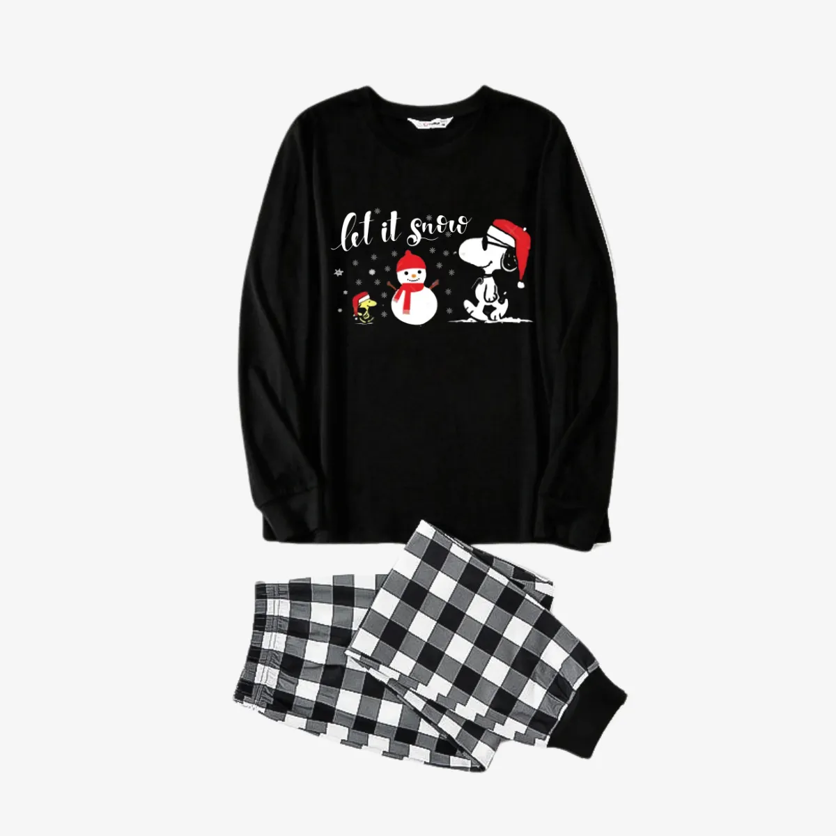 Let it Snow Slogan and Snoopy Printed Black&White Plaid Family Pajama Sets