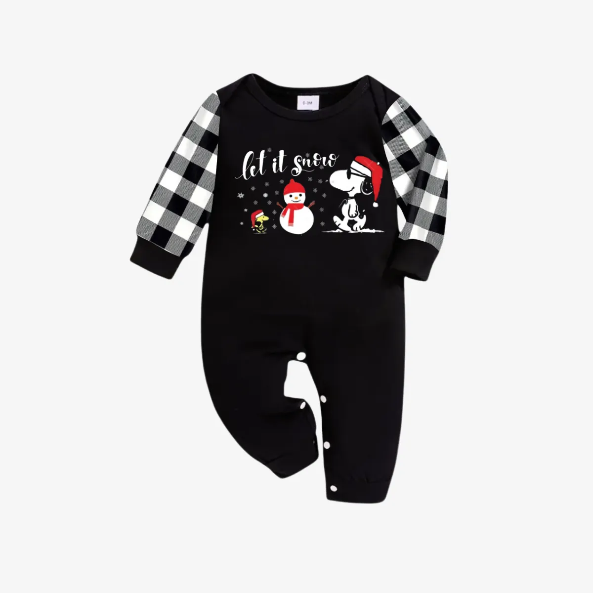 Let it Snow Slogan and Snoopy Printed Black&White Plaid Family Pajama Sets
