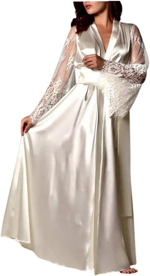 Lethez Women's Satin Kimono Robes Imitation Silk Lace Sleepwear Long Loungewear Nightgown for Bride Bridesmaid (XL, White)