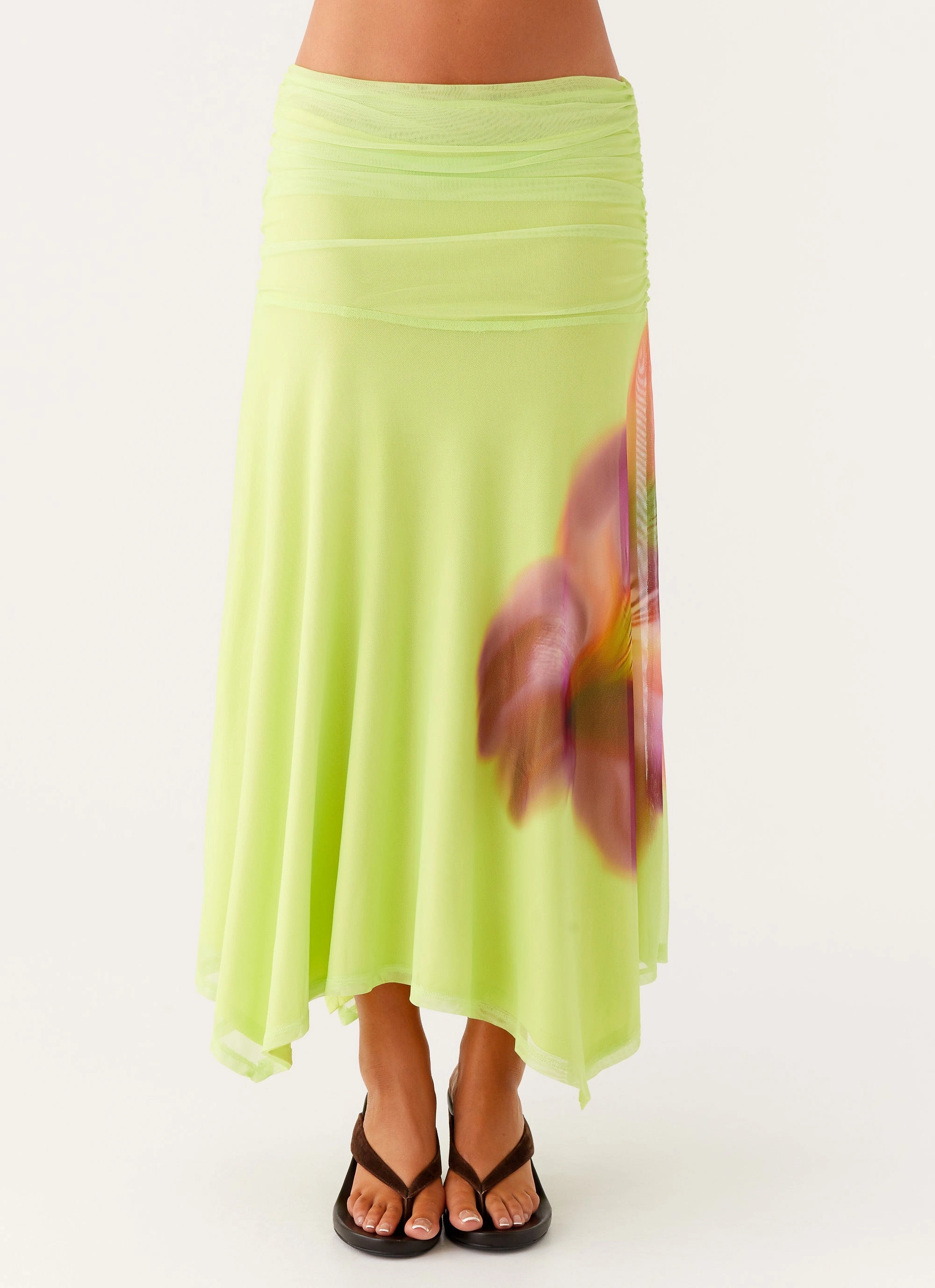 Liana Ruched Maxi Skirt - Green Tropical Frayed Finish Water resistant coating