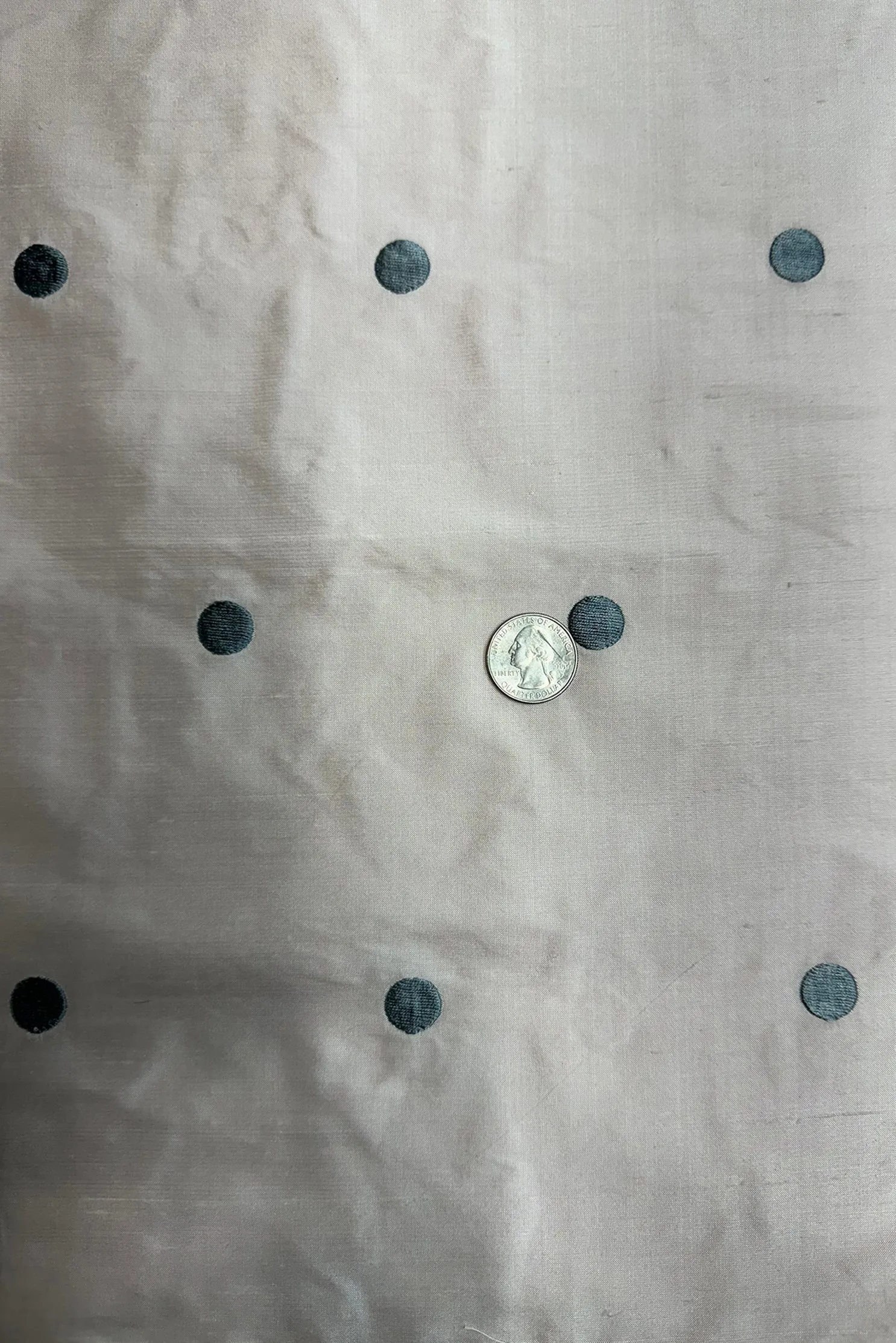 Light Blue Dots on Light Pink Shantung Embroidered Dupioni Silk