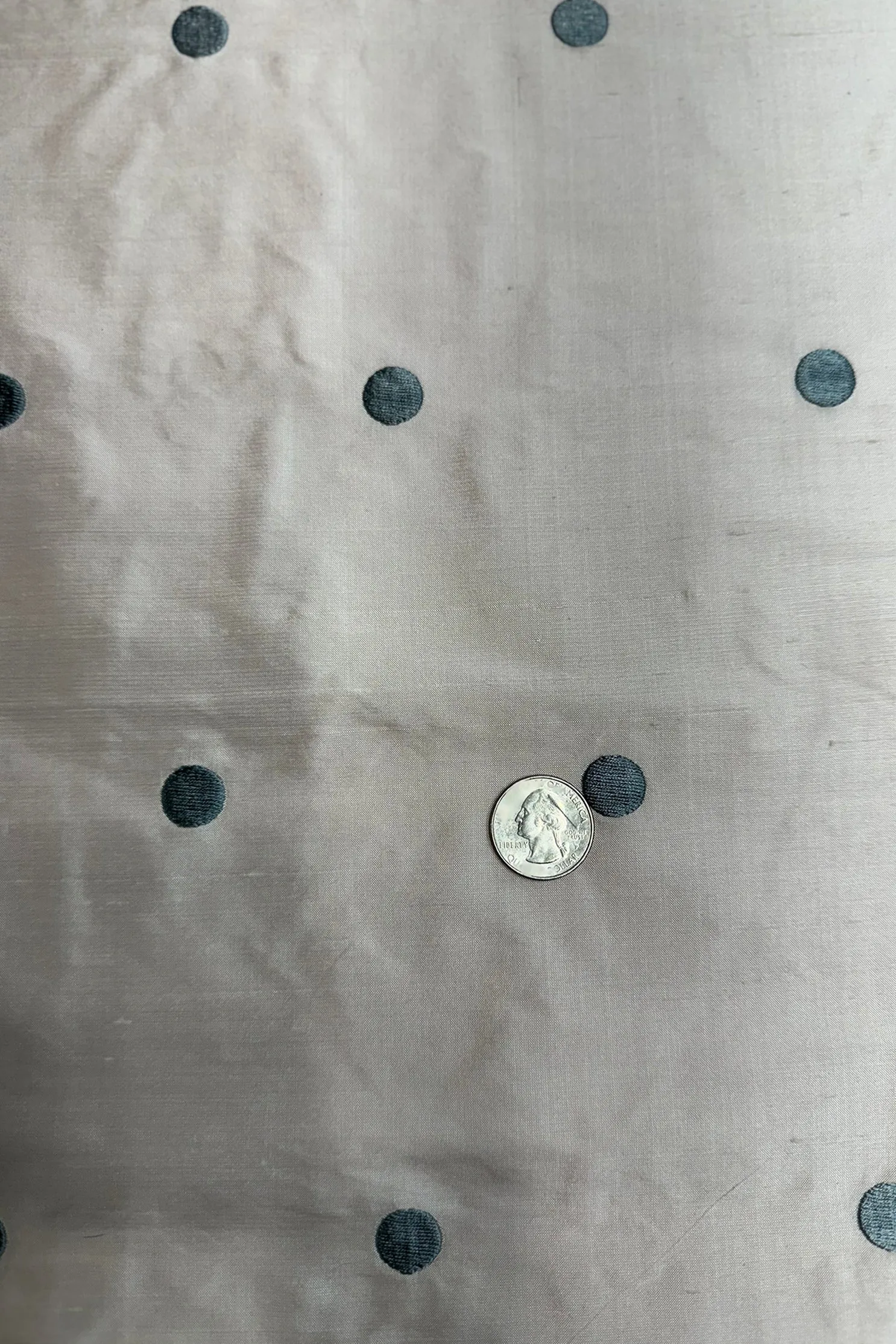 Light Blue Dots on Light Pink Shantung Embroidered Dupioni Silk