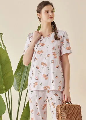 Light Purple Print Cotton Pajamas Two Piece Set Oversized V Neck Short Sleeve