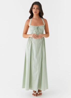 Olenna Halterneck Midi Dress - Sage Asymmetric-Neck Flattering Shape Design