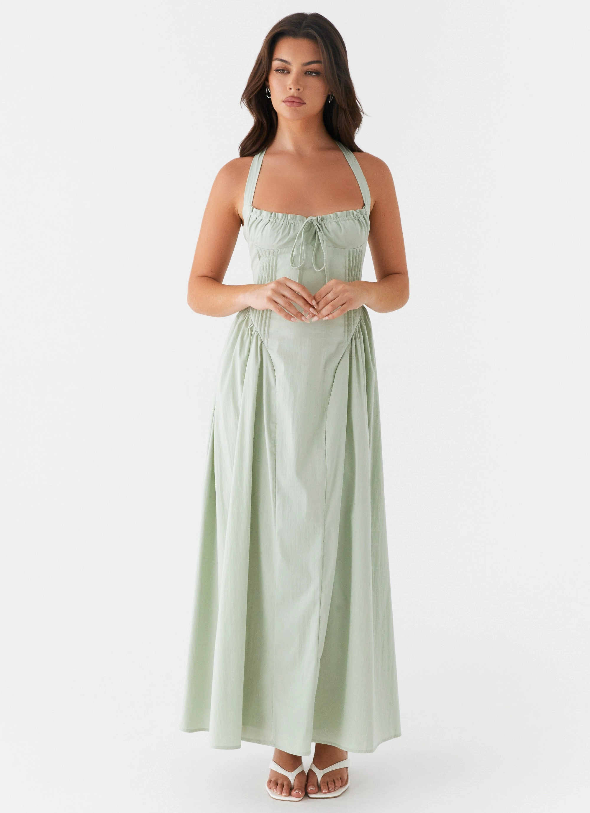Olenna Halterneck Midi Dress - Sage Asymmetric-Neck Flattering Shape Design