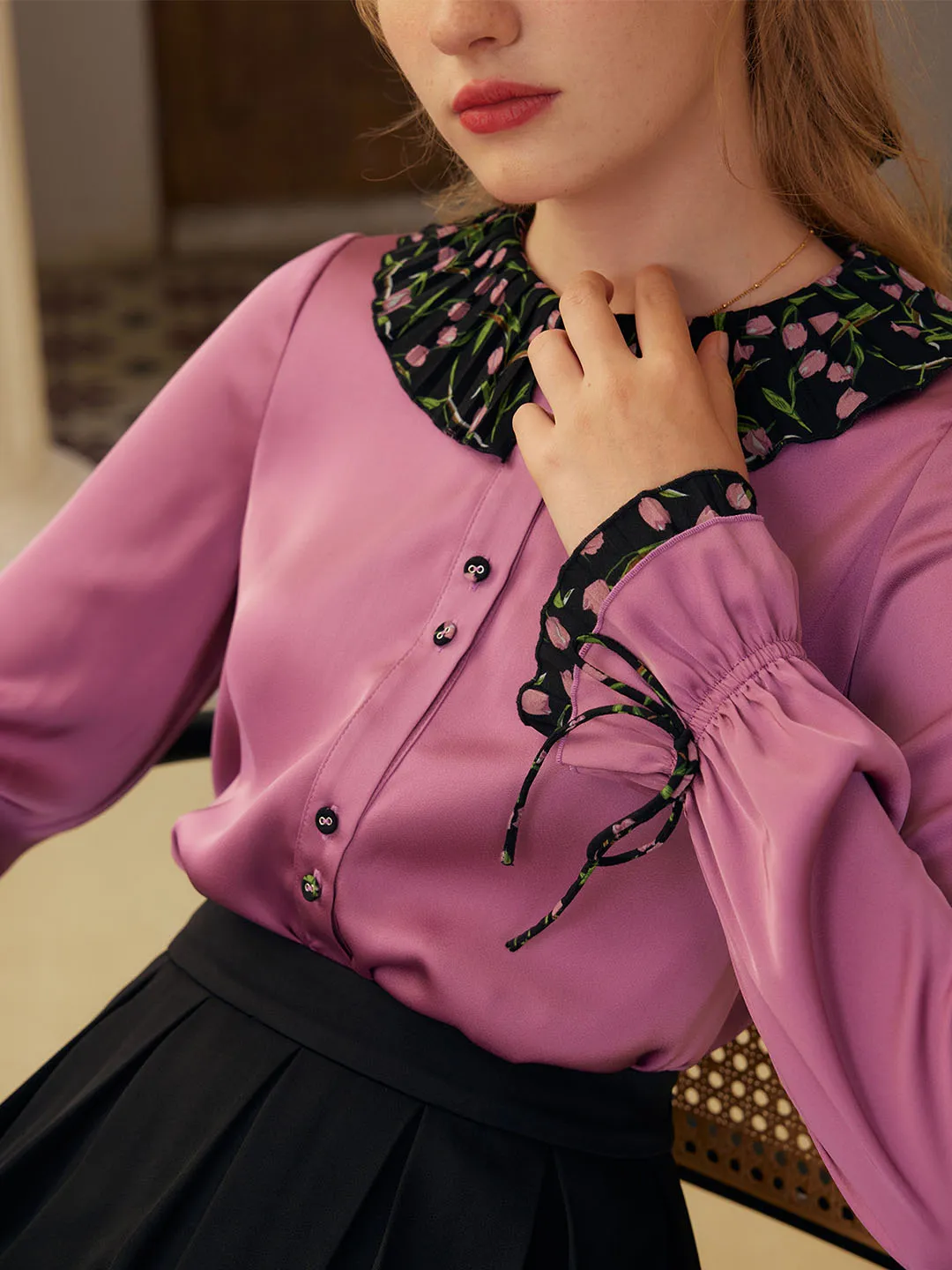 Hazel Contrast Lapel Trumpet Sleeves Blouse Non Restrictive Mobility